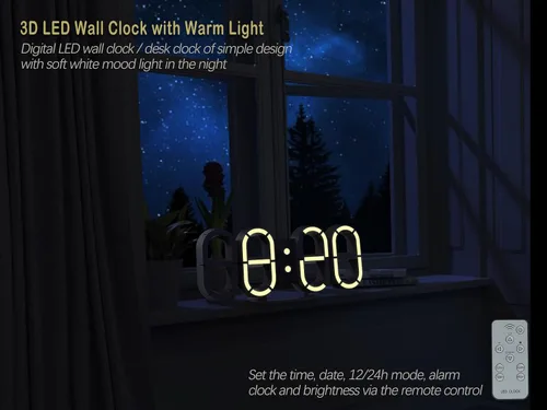 Vista 5 de KOSUMOSU Reloj digital 3D LED de pared, reloj de escritorio de 9.7 pulgadas, reloj LED para sala de estar, dormitorio, control remoto, temperatura