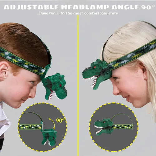 Vista 2 de Dysaim Linterna Frontal para Niños, Linterna Frontal de Dinosaurio T-Rex Recargable para Niños y Lámpara LED de Cabeza, Linterna de Equipo
