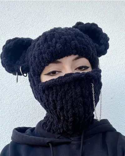 Vista 5 de Máscara de esquí de punto con diseño de ganchillo, máscara facial con diseño de conejo divertido en 3D, para Año Nuevo, clima frío o fiesta