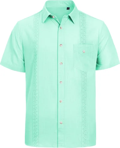 Vista 3 de J.VER Camisas de algodón y lino para hombre, de manga larga, casual, con botones, elegantes camisetas de playa con bolsillo