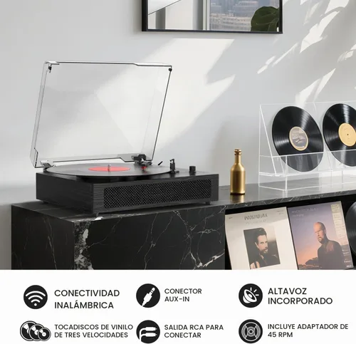 Vista 6 de Tocadiscos de vinilo Bluetooth con altavoces estéreo incorporados, transmisión por correa, tocadiscos de 3 velocidades para discos de vinilo