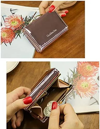 Vista 6 de Eilova Orityle Cartera triple plegable para mujer, brillante, holográfica, moneda, monedero, tarjetero organizador, Púrpura