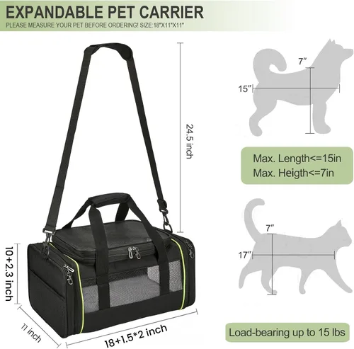 Vista 3 de Transportador de mascotas expandible negro para gatos y perros, aprobado por aerolíneas, diseño extensible de 2 lados y altura, bolsa de viaje