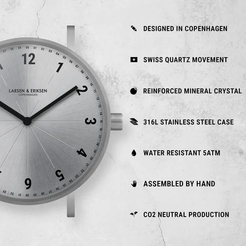 Vista 2 de Larsen & Eriksen Skala Reloj de pulsera analógico minimalista de cuarzo 1.378in Resistencia al agua 5 ATM Diseño danés Montado a mano Plata