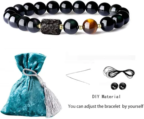 Vista 6 de L&C Feng Shui - Pulsera de riqueza de obsidiana negra Pulseras de cristal de obsidiana para mujeres y hombres, 0.315in, 0.394in, alivio natural