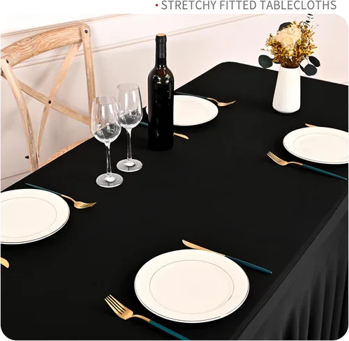 Vista 4 de fani Paquete de 2 faldas de mesa elásticas negras para mesa rectangular de 6 pies, manteles elásticos de elastano lavables con falda, mantel