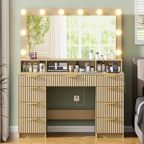 Vista 14 de Escritorio negro con espejo y luces, tocador de maquillaje con 9 cajones, 6 estantes y toma de corriente, espejo de pantalla táctil, tocador