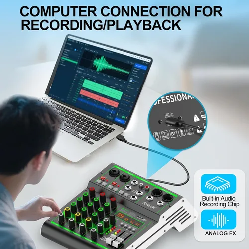 Vista 3 de Mezclador de audio Aveek, mezclador de 4 canales con Bluetooth y grabación USB DJ Mixing Console with 99 DSP Effects, 48V Phantom Power, PC