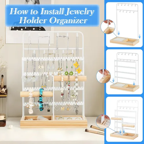 Vista 4 de Jewelry Organizer, Earring Holder Organizer Jewelry Stand with Tray, 8-Tier Jewelry Display Rack with 13 Hooks for Necklace Bracelet, 96 Holes for