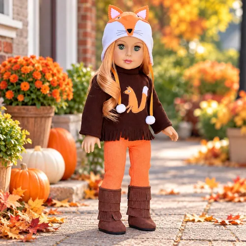 Vista 2 de Foxy - Ropa para muñecas de 18 pulgadas, traje de 4 piezas, sombrero, blusa, leggings y botas. (Doll no incluido)