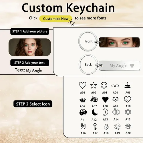 Vista 2 de Llaveros personalizados con foto de ojo, llaveros personalizados para ojos, texto grabado, regalo personalizado de acero inoxidable de doble cara
