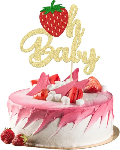 Vista 12 de 24 piezas de decoración de cupcakes con purpurina de fresa Oh Baby con temática de frutas, baby shower, para revelación de género, baby shower