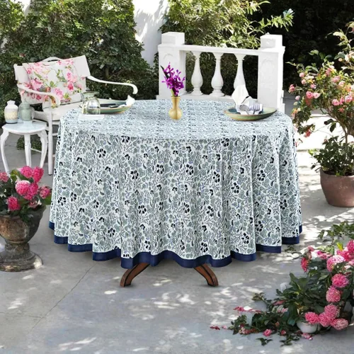 Vista 3 de Ridhi Mantel redondo con estampado de bloques a mano, color azul vaquero Azul Denim