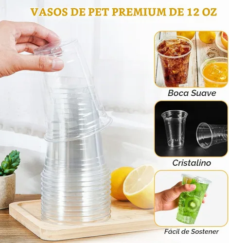 Vista 5 de Vplus - Paquete de 200 vasos de plástico desechables de PET transparente de 12 onzas con tapas para jugo Vasos de cristal para beber en frío