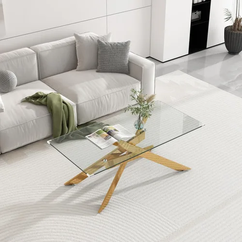 Vista 4 de Mesa de centro rectangular moderna de cristal, mesa central de vidrio templado y patas de metal chapado en oro para sala de estar, oficina en casa