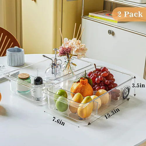 Vista 4 de MANO Paquete de 2 bandejas divididas para refrigerador, organizador de refrigerador con ruedas para despensa de verduras, caja de aperitivos debajo