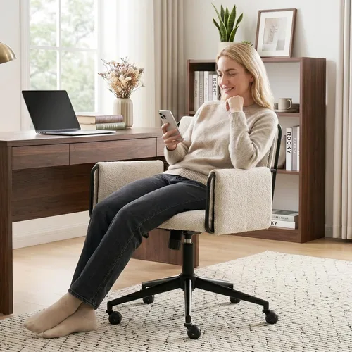 Vista 8 de Rowill Silla de oficina moderna, tela beige Boucle, altura ajustable, capacidad de 300 libras, ruedas, reposabrazos, perfecta para oficina en casa