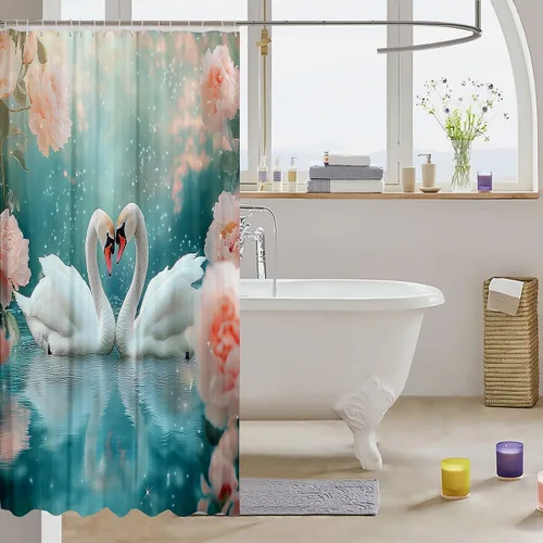 Vista 3 de Homewish Cortina de ducha con estampado de cisne en 3D, diseño de flores rosas, juego de cortina de ducha para niños y adultos, diseño romántico