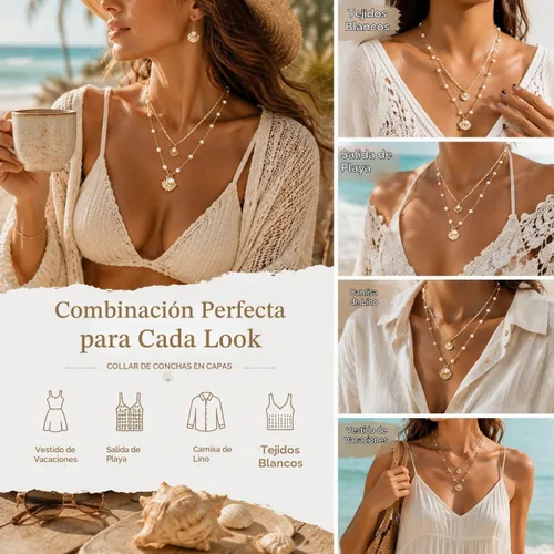 Vista 4 de Collar de concha marina de Your Always Charm para mujer, collar de concha ajustable con capas de encanto de concha marina para mujer, atuendos de A