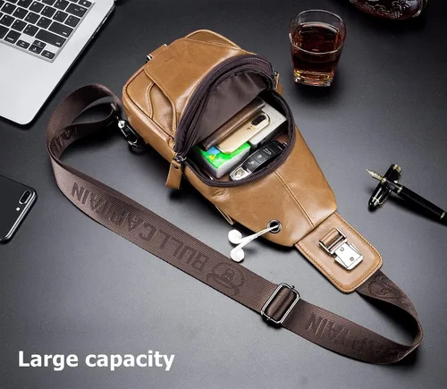 Vista 6 de BULLCAPTAIN Cuero auténtico hombres Sling mochila multi bolsillo crossbody pecho Bolsas viaje senderismo Daypack, Mochilas Sling, marrón