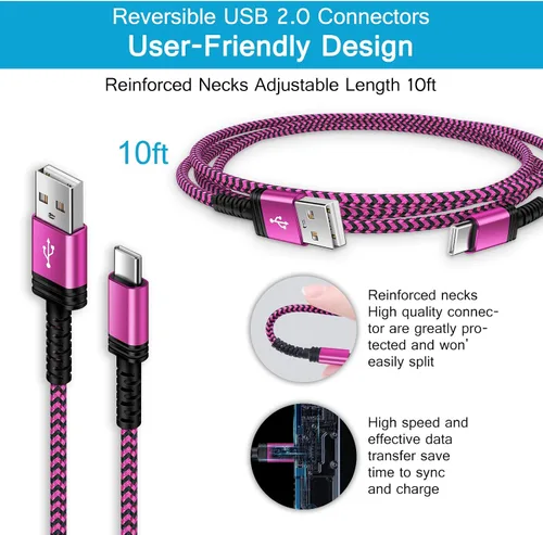 Vista 2 de Cable USB tipo C para iPhone 15 17e de carga rápida, cable USB A a USB C de 10 pies de largo Fast Charging for iPhone 15 16 17 Pro Max Plus
