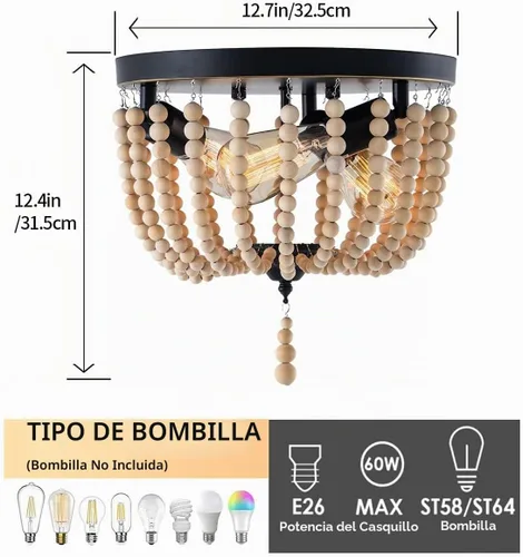Vista 5 de Lámpara de techo de madera con cuentas de granja, 3 luces, estilo bohemio, con cuentas de madera, accesorios de iluminación vintage para entrada