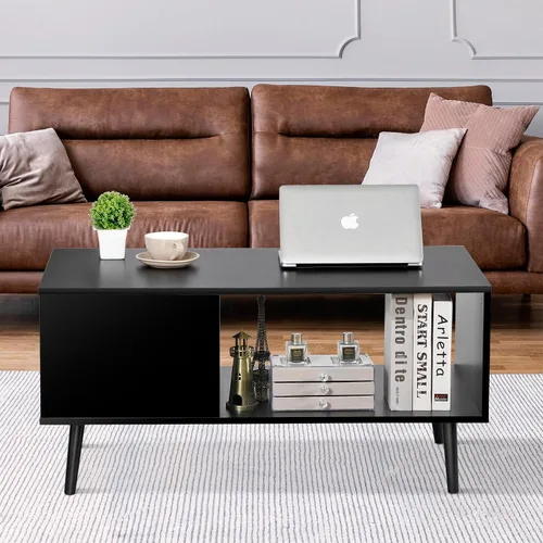 Vista 2 de SUPER DEAL Mesa auxiliar de 2 niveles para sala de estar, mesa central rectangular de 40 pulgadas con estante de almacenamiento abierto, mesa