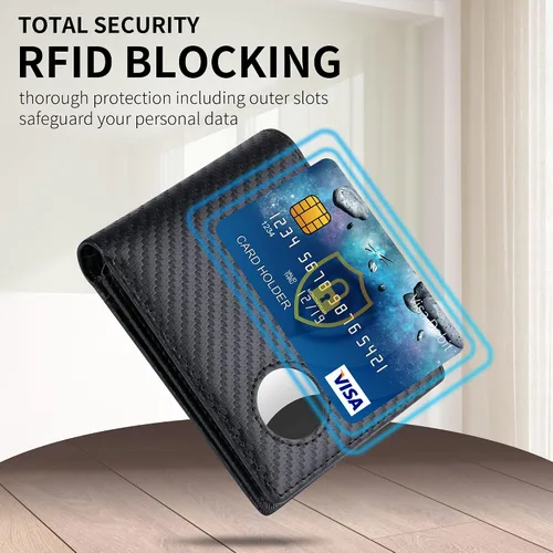 Vista 5 de Airtag mens Wallet Rayas negras Cartera de cuero para hombre