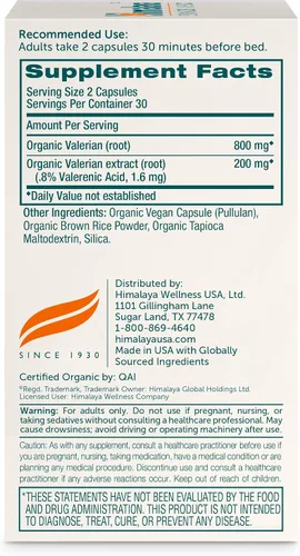 Vista 2 de Himalaya Raíz de valeriana orgánica, apoyo a base de hierbas para la relajación tranquila, USDA orgánico, sin OMG, vegano, sin gluten, 1,000 mg, 60