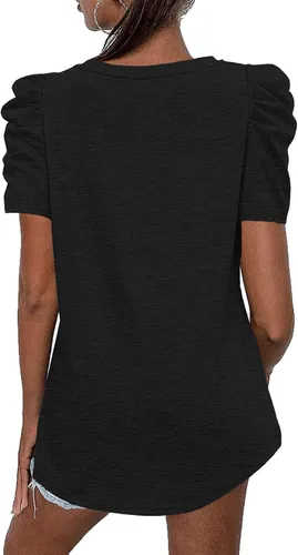 Vista 4 de Camiseta casual de verano con cuello en V para mujer, manga abombada, fruncida, elegante