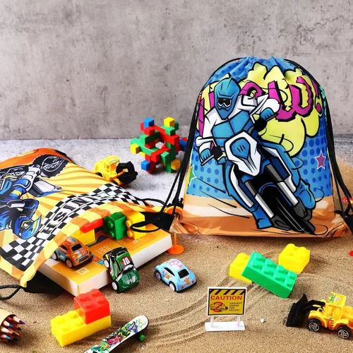 Vista 7 de Boao Paquete de 16 bolsas de regalos de motocross con cordón para fiestas temáticas de carreras, bolsas de regalos para fiestas de cumpleaños