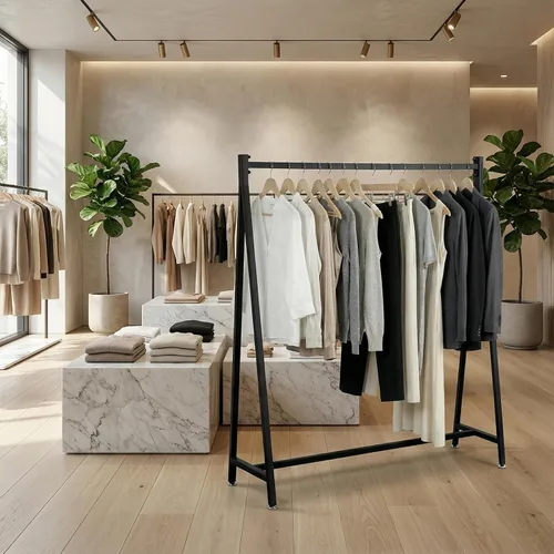 Vista 2 de MyGift Percheros de ropa modernos de metal resistente de 47 pulgadas con marco en A para colgar ropa, percheros independientes de grado comercial