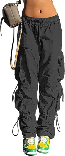 Vista 4 de Lepunuo Pantalones de paracaídas para mujer, pantalones cargo holgados con cordón elástico en la cintura Y2K, pantalones deportivos con bolsillos