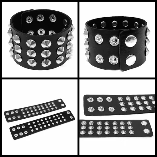 Vista 5 de Gargantilla y pulseras con tachuelas de pirámide para hombres y mujeres, pulsera de cuero de los años 80, juego de brazaletes de pulsera - Punk Rock
