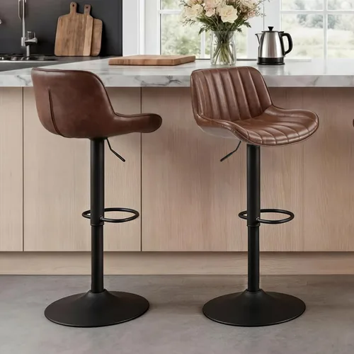 Vista 7 de Fat Ant Juego de 2 taburetes de bar ajustables de piel sintética, sillas de bar giratorias con respaldo, taburete de isla de cocina moderno tapizado