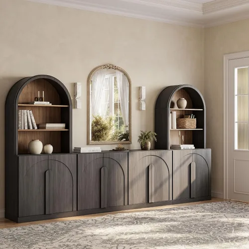 Vista 16 de BELLEZE Centro de entretenimiento modular de 4 piezas con almacenamiento, 2 vitrinas de madera moderna con gabinete arqueado y 2 armarios de puerta