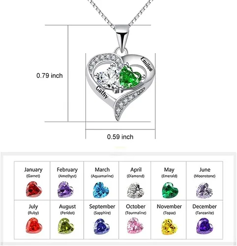 Vista 2 de Collar de corazón personalizado con 2 piedras natales, 2 nombres, colgante con nombre personalizado para madre hija, regalos del día de la madre