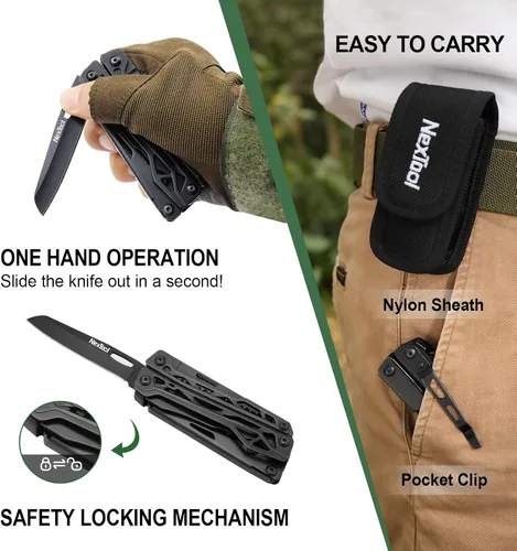 Vista 9 de NEXTOOL Multiherramienta, herramienta multiusos 11 en 1 con pinzas de punta fina, tijeras y puntas de destornillador, navaja multiherramienta