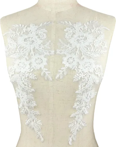 Vista 2 de 1 par de apliques de encaje con bordado de flores de lentejuelas, parches para coser para boda, vestido de novia, vestido de fiesta, ropa, corpiño