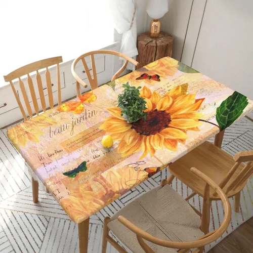 Vista 32 de Fiokroo Mantel de Flores de Crisantemo Azul, Amarillo y Azul Marino con Borde Elástico, Mantel Redondo Lavable y Reutilizable Cubierta de Mesa