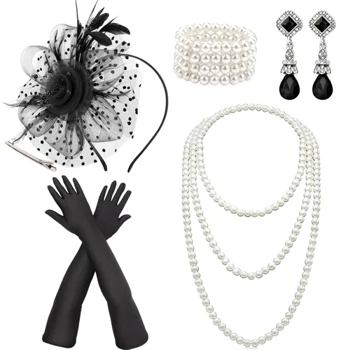 Vista 10 de DRESHOW - Juego de accesorios de El Gran Gatsby de los años 20 para mujer, diadema de flapper, tocado, guantes, disfraz, accesorios de las noches