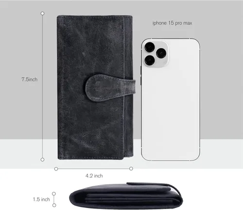 Vista 4 de Cartera de piel auténtica para mujer con bloqueo RFID, tarjetero triple para mujer, con ventana de identificación