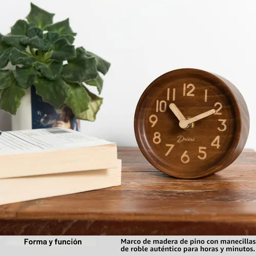 Vista 2 de Driini Reloj de Escritorio Analógico de Madera – 4.3 pulg. Madera de Pino Decorativa, Diseño Sin Tic-Tac – Reloj de Repisa Silencioso de Barrido