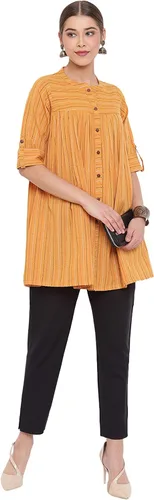 Vista 3 de Janasya Indian - Túnica de algodón tejido mostaza para mujer