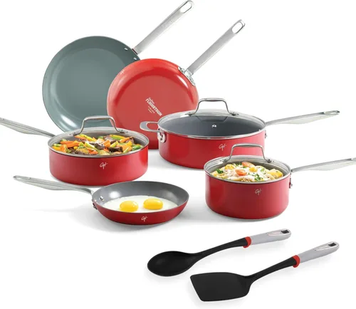 Vista 8 de Guy Fieri's Flavortown Juego de utensilios de cocina de cerámica de 2 piezas, sartenes antiadherentes de 10 y 12 pulgadas, utensilios de cocina
