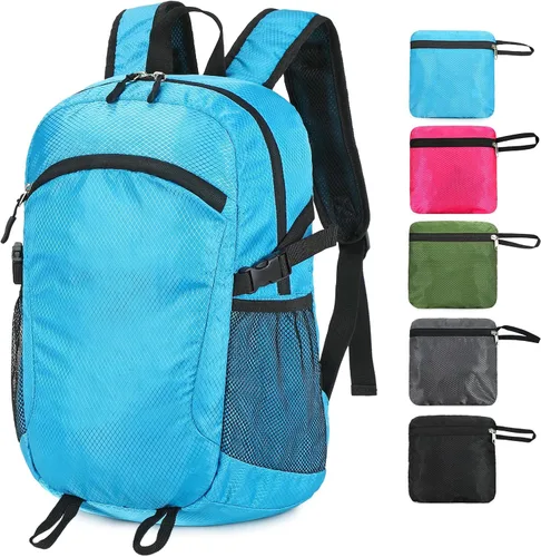 Vista 11 de Mochila pequeña de senderismo para viajes, ligera, plegable, mochila de día resistente al agua, mochilas plegables de 15L para viajes, mujeres, Negro