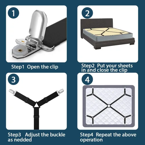 Vista 3 de Correas de cama, sujetadores, clips de sujeción, forma triangular, soporte de esquina ajustable entrecruzado para individual/Queen/King, negro