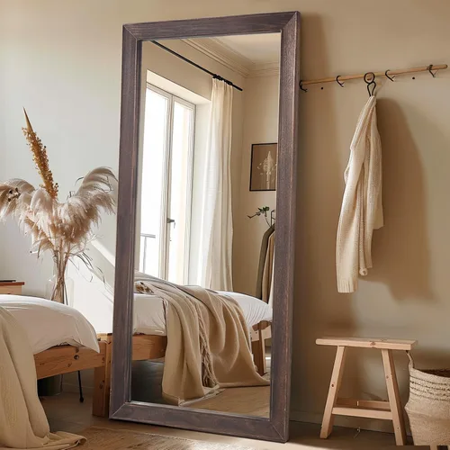 Vista 9 de MELOMOIR Espejo rústico de madera maciza de cuerpo completo, 64 x 21 pulgadas, color marrón carbón Solid Wood Frame, Shatterproof Tempered Glass