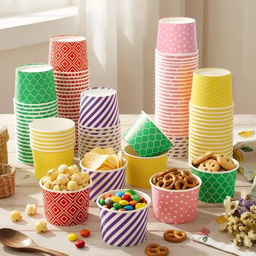 Vista 4 de Pickmesh 120 tazas de helado de 9 onzas desechables de papel geométrico pastel para sopa, verde, amarillo, multicolor, tazas de postre, alimentos