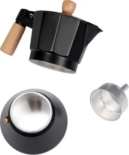 Vista 3 de Moka Pot - Cafetera para estufa, estilo italiano, cafetera clásica con mango de madera natural (3 tazas)